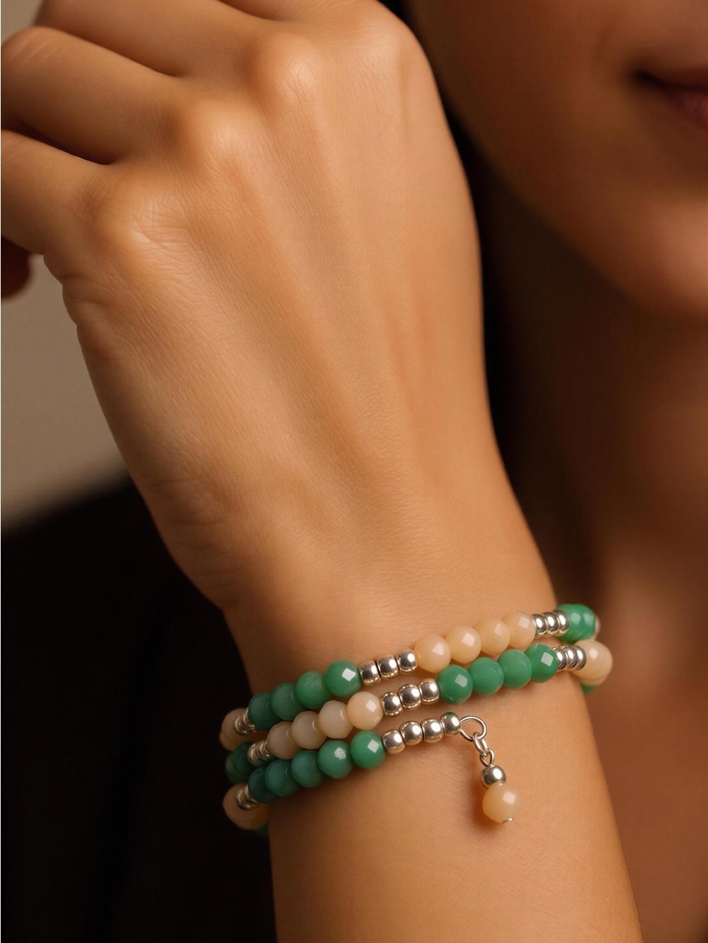 Green and Cream Beaded Wrap Bracelet with Silver Accents - Women Jewelry